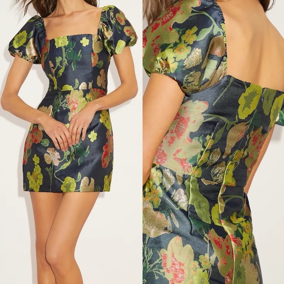 Lulus So Stunning Navy Blue Floral Jacquard Puff Sleeve Mini Dress - Picture 1 of 2